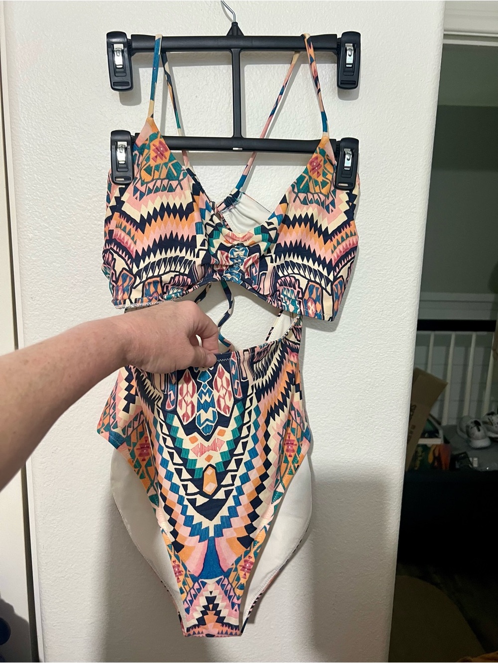 Athleta Pink Blue and Peach Aztec Cutout One-Piece Swimsuit - Picture 7 of 12